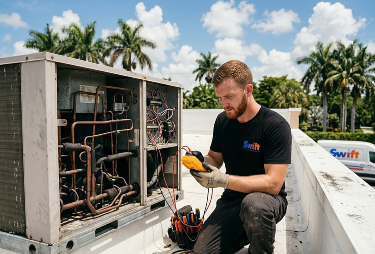 Swift AC technician servicing a commercial rooftop unit in St. Lucie County